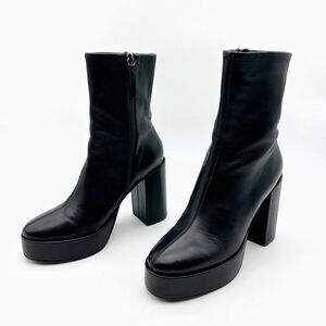 BIBI LOU Black Platform Ankle Boots Size 39 Block Heeled Booties Leather Sock